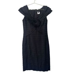 Tadashi Shoji Pleated Layered Tiered Ruffle 3D Flower Pencil Dress Black Size 12